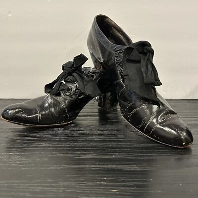 Antique 1900's Edwardian Black Leather Shoes/Pumps Beaded Lace-Up Cut Outs - Image 1 of 4