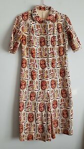 Vintage Hand printed made dress cotton tribal front 1/2 button up pleat size 10
