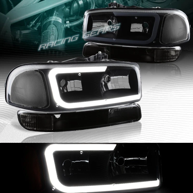 PARA GMC YUKON/SIERRA 1500 2500 NEGRO/HUMO DRL FAROS LED + PARACHOQUES CON TRANSPARENTE Foto 1 de 4