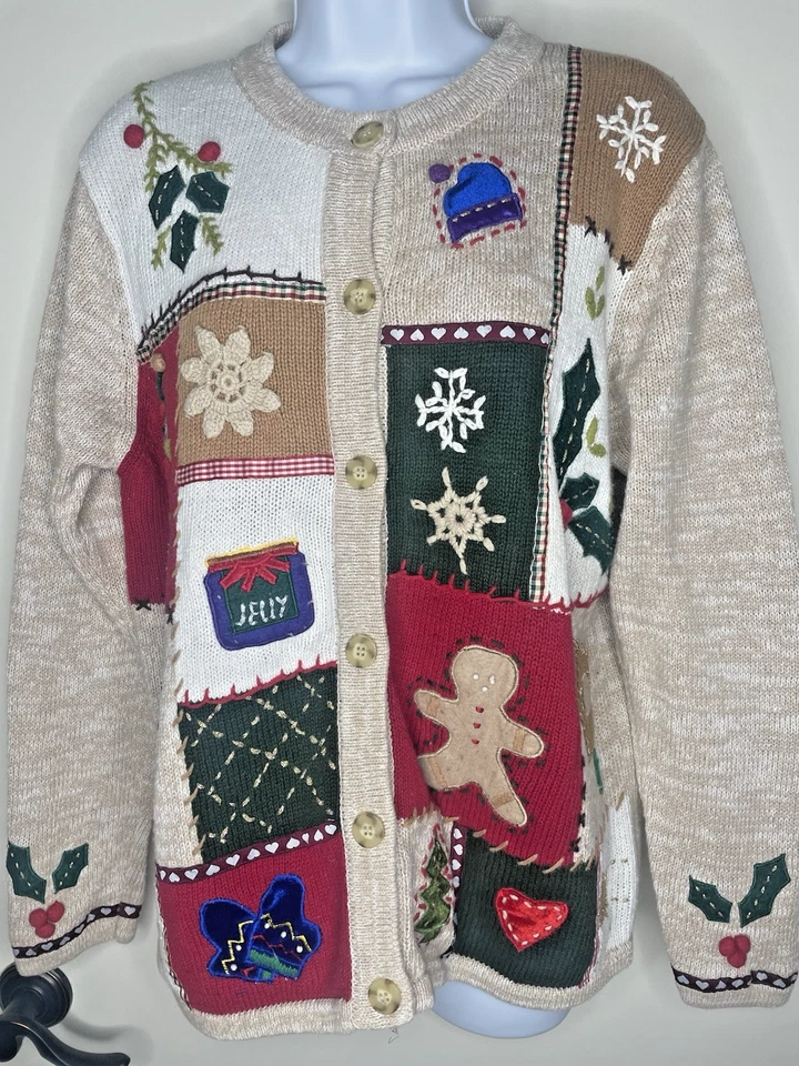 Cárdigan Suéter KIK IT Talla Mediana Navidad Muñeco de Nieve Pan de Jengibre Acebo Foto 1 de 4
