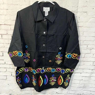 Camisa Larga Linea by Louis Dell'Olio Negra Bordada Boho Lino Nueva con Etiquetas QVC Mediana Foto 1 de 4