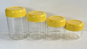 Juego de 4 botes de vidrio Heller Massimo Vignelli tapas amarillas MCM de colección - Imagen 1 de 10