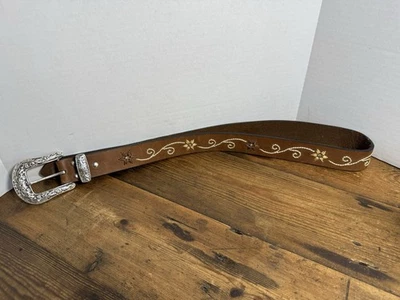 Cinturón Nocona Talla L Cuero Marrón Bordado Flores y Cristales Hebilla Plateada (C Foto 1 de 4