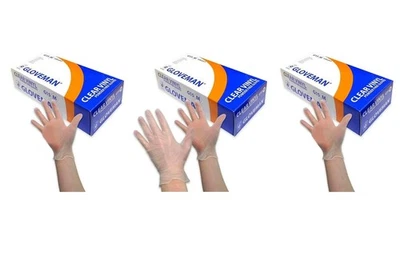3 x Boxes of 100 (300 Gloves) - GLOVEMAN CLEAR VINYL POWDER & LATEX FREE GLOVES - Image 1 of 3