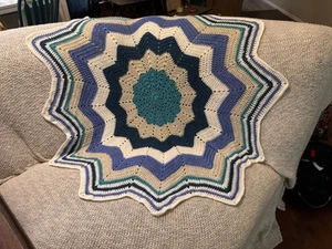 52” Handmade Crochet Baby Blanket Starburst Blue Teal Cream Cotton Soft - Picture 1 of 5