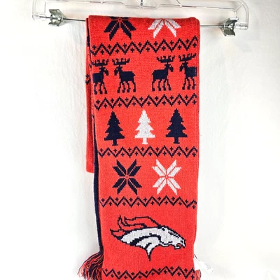 NFL Broncos Bufanda Para Hombres Naranja Azul Tejido Invierno Feo Suéter Logo Flecos Fútbol Foto 1 de 4