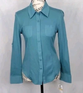 Rafaella Wmn's PS Rol Teal Blue Roll T Shirt Blouse Button Up Top Pockets Cotton - Picture 1 of 10