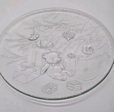 13" Clear Glass Round Serving Plate With Tree, Ornaments, Teddy Bear & Presents  - Image 1 of 4