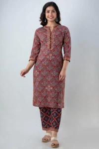 Indina Mujeres Niñas Étnico Algodón Estampado Kurta con Pintura Impresa Juego de 2 PIEZAS - Imagen 1 de 4