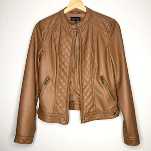 NEW LOOK Quilt Faux Leather Racer Jacket Brown Zip-up Long sleeves Moto Jacket - Picture 1 of 5