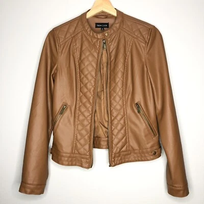 NEW LOOK Quilt Faux Leather Racer Jacket Brown Zip-up Long sleeves Moto Jacket - Image 1 of 4