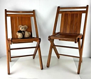 Lot 2 Peerless Children's Folding Chair Tuck Er’ Way Duck & Rubber Wooden Vtg - Picture 1 of 12