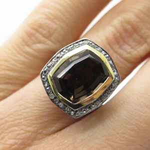 925 Sterling Silver Black Rhodium 2-Tone Diamond & Smoky Quartz Ring Size 5 - Picture 1 of 9