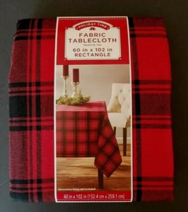 Holiday Time Fabric Tablecloth 60x102 Rectangle Christmas Red Black Check NWT - Picture 1 of 4