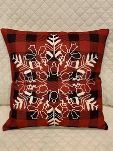 Christmas Throw Pillow 18x18” Snowflake Red Black Buffalo Plaid Couch Bedroom - Picture 1 of 6
