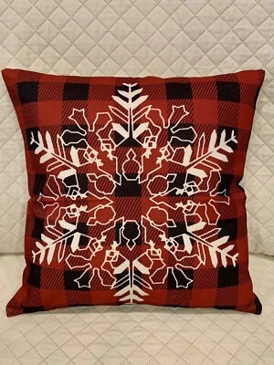 Christmas Throw Pillow 18x18” Snowflake Red Black Buffalo Plaid Couch Bedroom  - Image 1 of 4