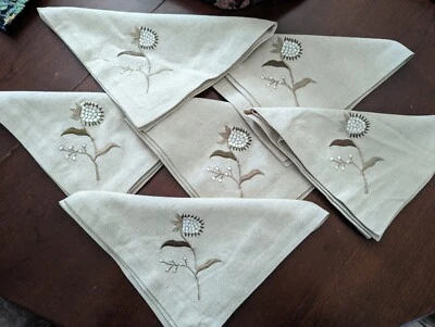 6 Crate & Barrel Embroidered Cottage Garden Napkins Almond 21x21” Cotton/Linen - Image 1 of 4