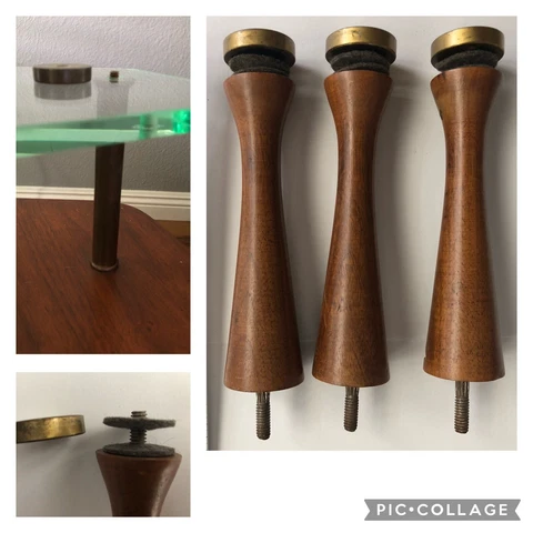 (3)Antique Mid Century Modern MCM Wooden & Glass Table Riser Legs Brass Felt Vtg Cover