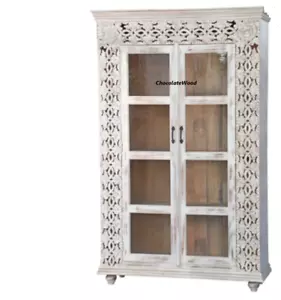 MADHAV INDIAN ARTISAN HANDCRAFTED DISPLAY CABINET 2 DOORS DISTRESSED WHITEWASH - Picture 1 of 1