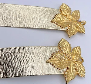 Vtg Large Gay Boyer Gold Tone Double Leaf Buckle- Metallic 2" faux Leather Belt - Picture 1 of 15