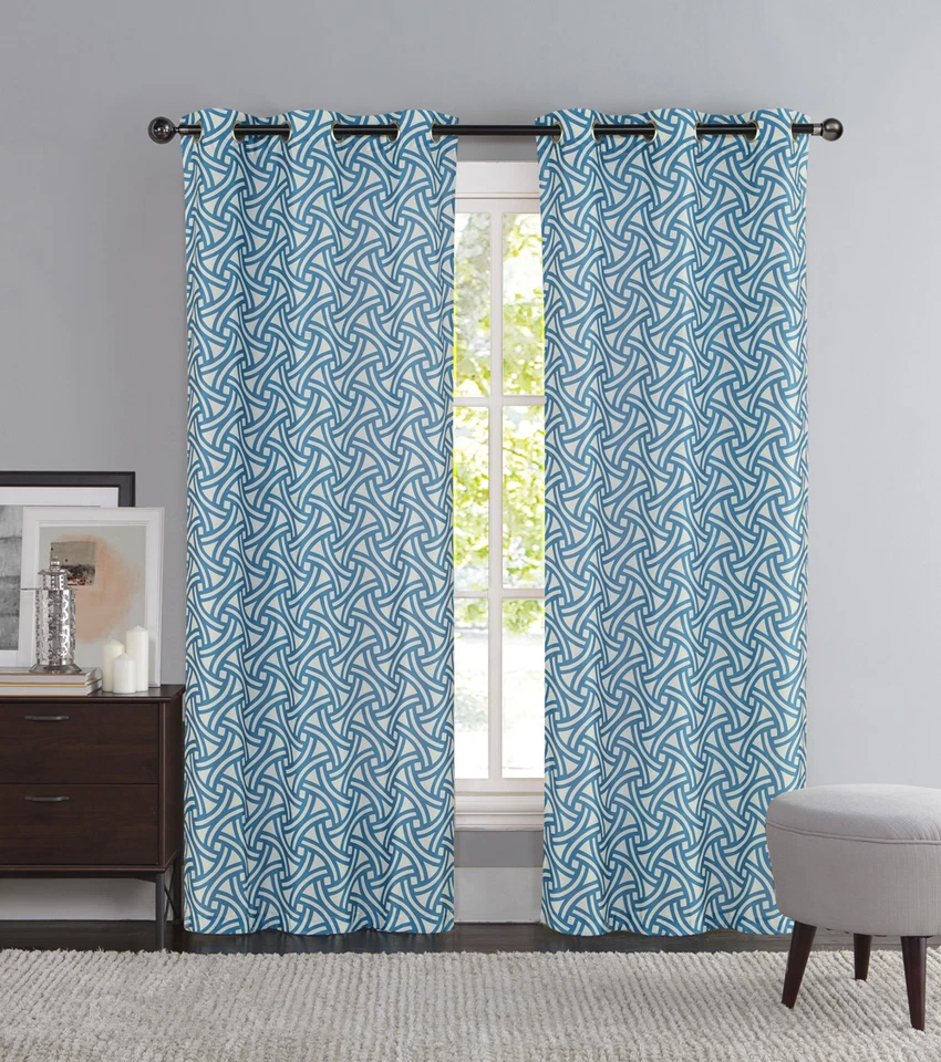 Оконные занавески из двух частей синие и цвета слоновой кости: люверсы, геометрический дизайн iKat - Изображение 1 из 1