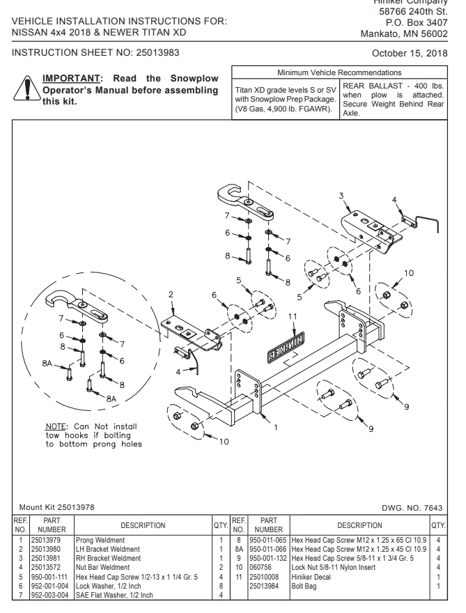 Hiniker Plow Mount 25013978 - Nissan 4X4: ’18 & Newer Titan XD - Image 1 of 1