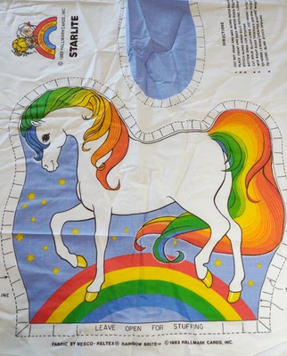 Travesseiro de tecido de algodão arco-íris brilhante luz das estrelas cavalo pônei corte e costura 1983 vintage - Imagem 1 de 3