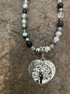 Retro Silber Herz Liebe mit Baum Cabochon Anhänger Quarz Kristall Perlen Halskette - Bild 1 von 3
