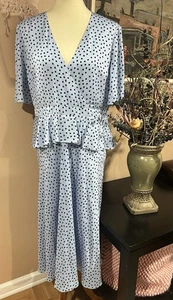 Ted Baker Mabbel Polka Dot Peplum Tea Blue Midi Dress Short Sleeve Size 5/12US - Picture 1 of 15