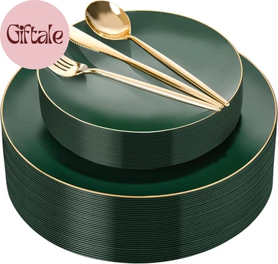 150 piezas placas de plástico verde con borde dorado, platos de Navidad de lujo, desechables verdes Foto 1 de 4