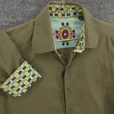 Robert Graham Shirt Mens M Army Fatigue Green Geometric Flip Cuff Long Sleeve - Image 1 of 4