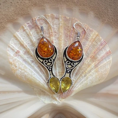 Brincos grandes de cristal citrino âmbar e amarelo do Báltico - Banhado a prata 925 -Novo - Imagem 1 de 2