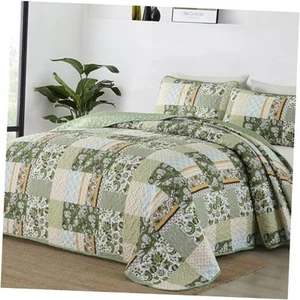  Quilt Set Size 3 Pieces Patchwork Plaid Bedspread Coverlet Set, Queen Green - Picture 1 of 8