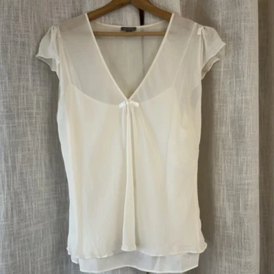 Ann Taylor Women’s L Silk Camisole W/ Sheer Overlay Top Ivory Coquette Feminine - image 1 of 4