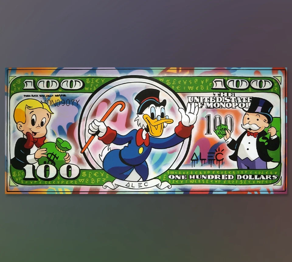 Alec Monopoly Duffy Duck with Cane Colorfull $100 Bill Print On Canvas 36x70” - Image 1 of 1