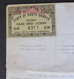 1959 South Dakota Game Bird  Stamp on Resident Hunting License - Picture 1 of 3