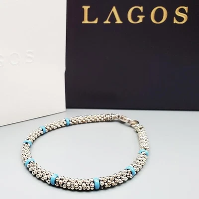 LAGOS 8 5/8” Sterling Caviar Bracelet w Turquoise Blue Ceramic Stations 5mm Foto 1 de 4