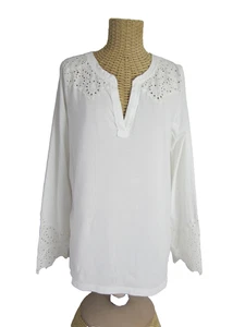 Camisa Sundance Mujer Mediana Blanca Ojales Encaje Algodón Tejida LS Elastizada Boho - Imagen 1 de 9