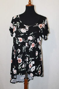 Torrid superweicher Strick Gr. 00 schwarz Blumen Kurzarm Viskose Knopfleiste Tunika - Bild 1 von 6