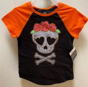 Camiseta Día de Muertos Halloween Niña Lindo Esqueleto Negro Naranja Talla XS 4-5 NUEVA CON ETIQUETAS - Imagen 1 de 3