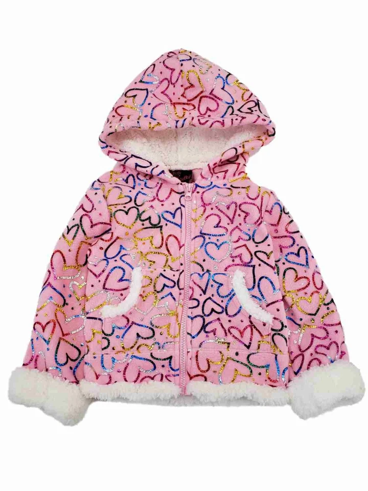 Girls Pink White Foil Shiny Heart Hearts Jacket Hooded Winter Snow Coat - Image 1 of 1