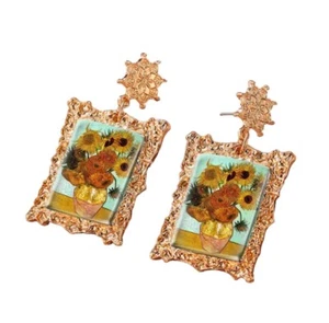 Neu "Sonnenblumen rot" VanGogh Ohrringe Damen baumeln durchbohrt gerahmte Gemälde - Bild 1 von 3
