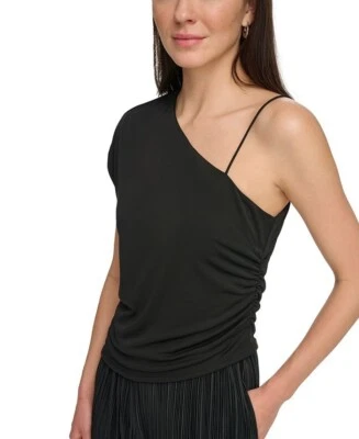 DKNY Women's One Shoulder Ruched Side Single Cap Sleeve Chic Top Rich Black  S - Image 1 of 4