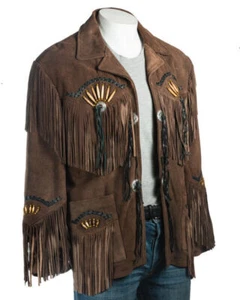 Herren Kegel Braun Western Cowboy Wildleder Leder Fransen Jacke-Amerikanische Ureinwohner - Bild 1 von 5