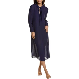 Ted Baker Asymmetrical Ruffle Midi Dress Size 1 US Small Navy Modest Long Sleeve - Picture 1 of 12