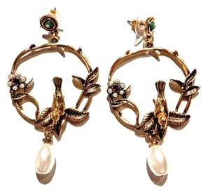 BIRD HOOP EARRINGS gold leaves circle branches pearl crystal cottagecore 4Y - Picture 1 of 3