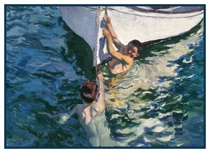 White Boat Beach by Spanish Artist Joaquín Sorolla Counted Cross Stitch Pattern - Picture 1 of 4
