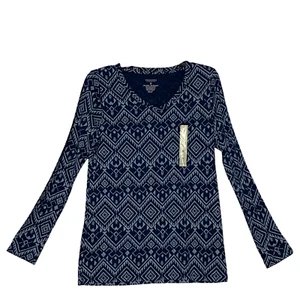 Sonoma Women T Shirt Long Sleeve Round Neckline Southwestern Pattern Blue M NEW - Picture 1 of 5