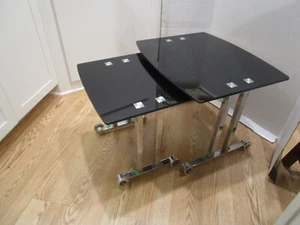Vintage Euro Trinity Chromed-Metal & Black Glass nesting tables rolling 1980's - Picture 1 of 24