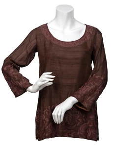 Tunika Tunic Handbestickt Rohseide Seide Silk Braun Handembroidered Paisley - Picture 1 of 3